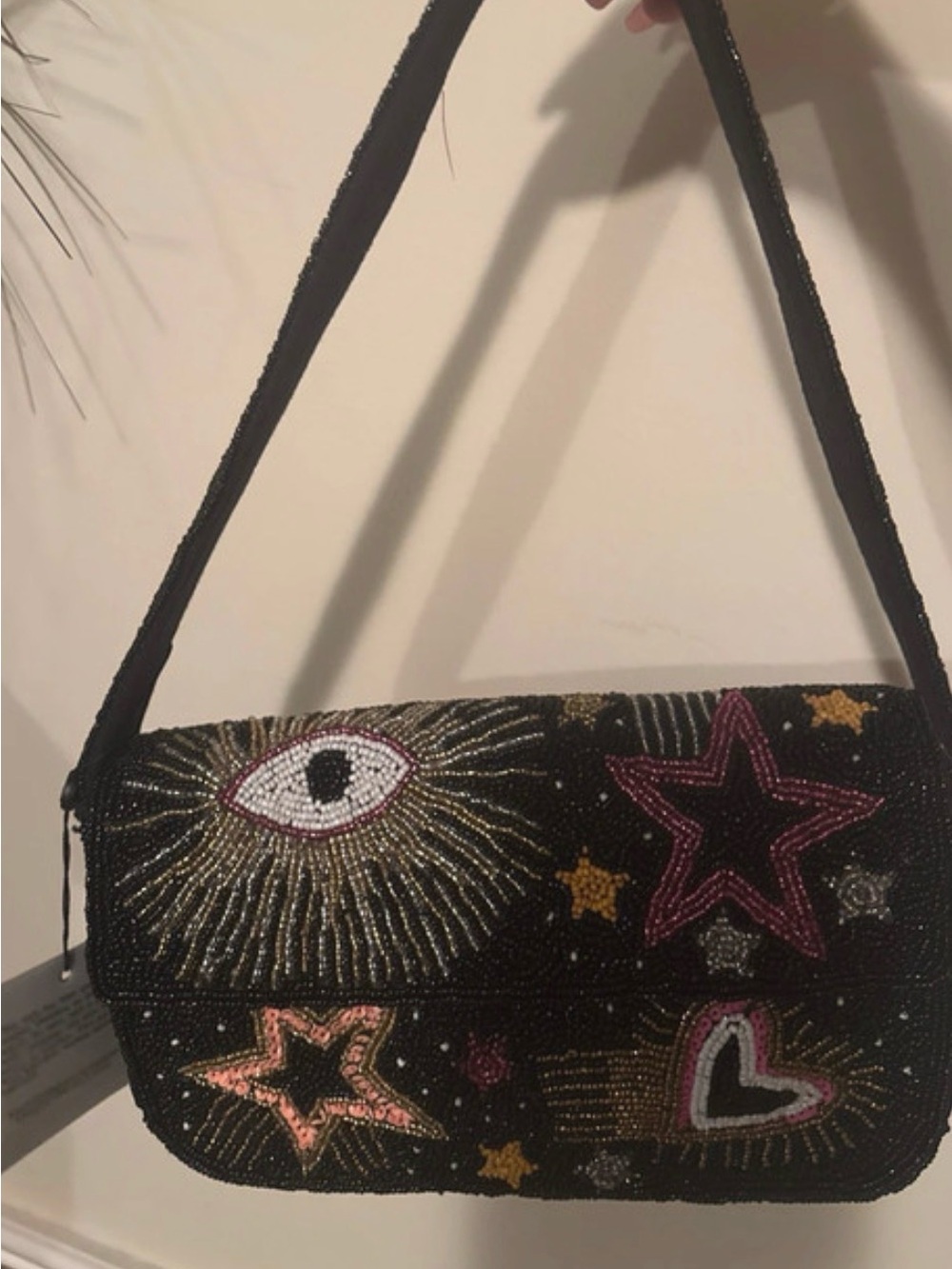 Beaded Black Statement Shoulder Bag with Star & Eye Motifs